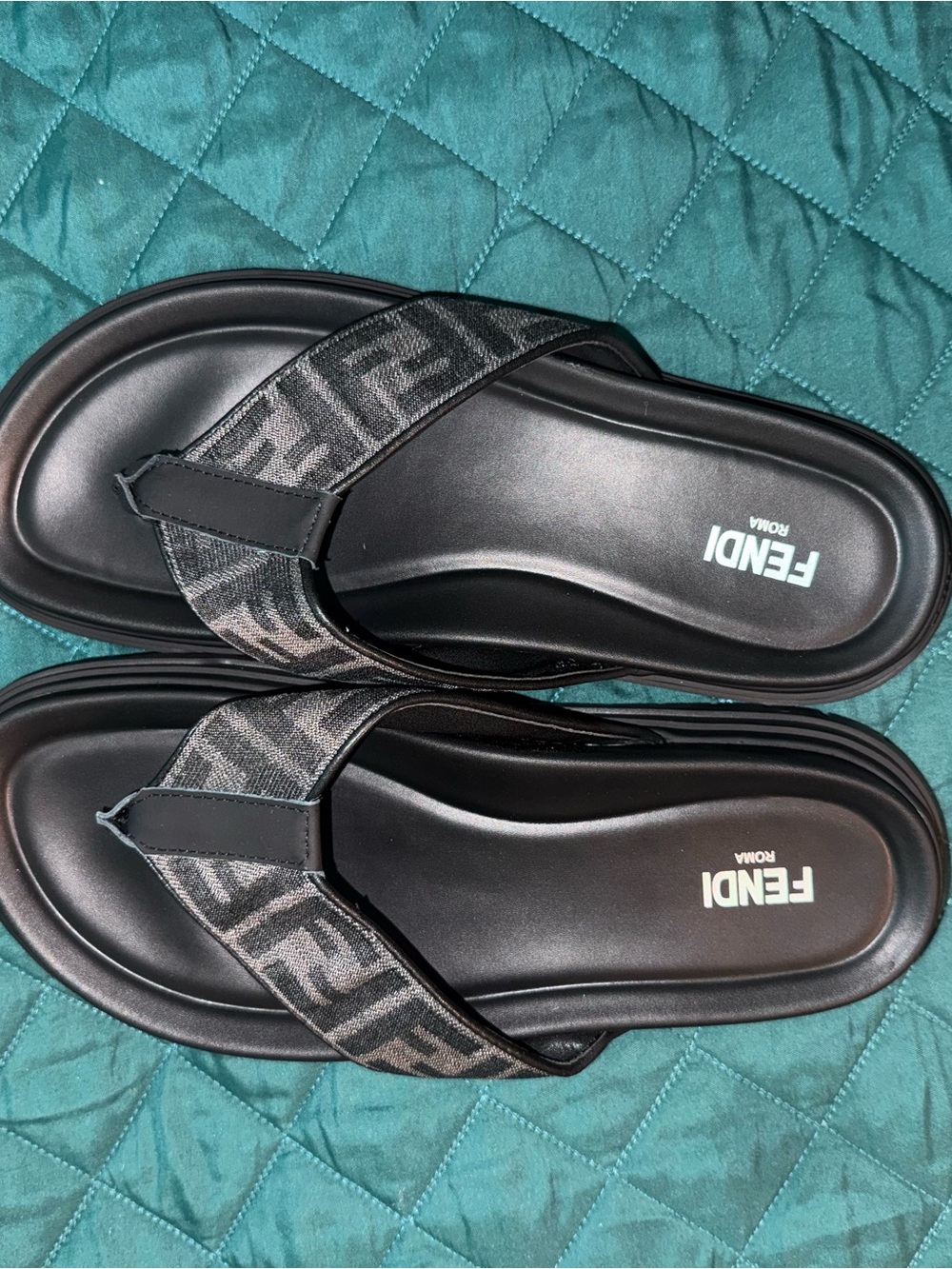 Fendi Black and Gray Logo-Print Leather Thong Sandals